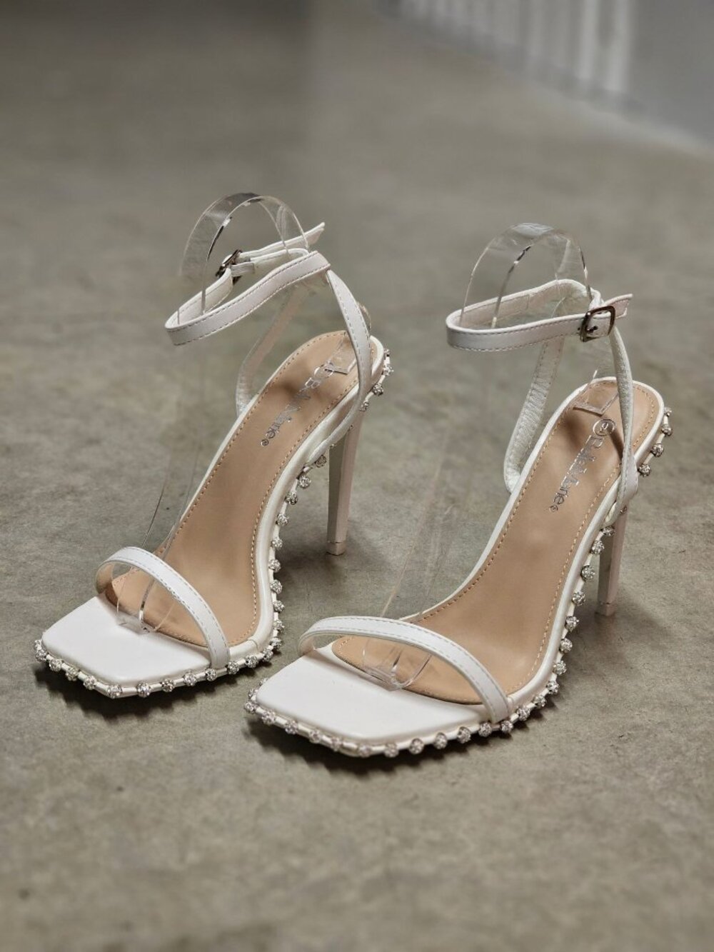 Rhinestone Embellished White High Heel Sandals With Ankle Strap & Square Toe Des